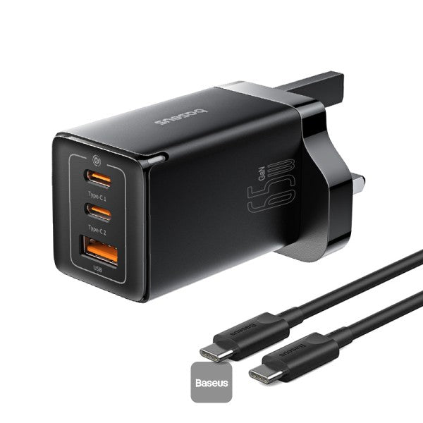 Baseus GaN5 Pro 65W 3 Port Fast Charger | 2 Type-C + USB-A, - Black
