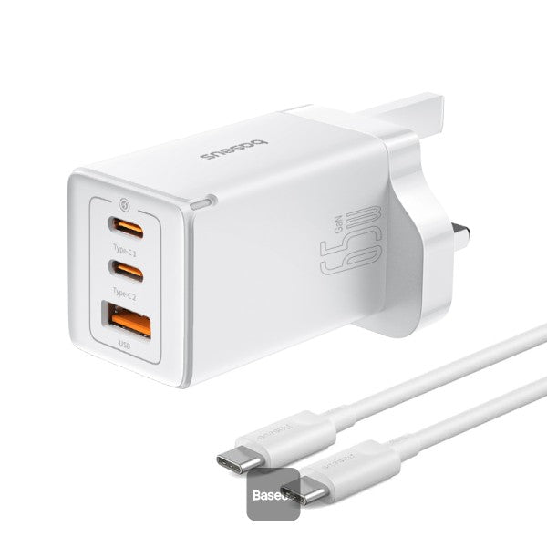 Baseus GaN5 Pro 65W 3 Port Fast Charger | 2 Type-C + USB-A - White