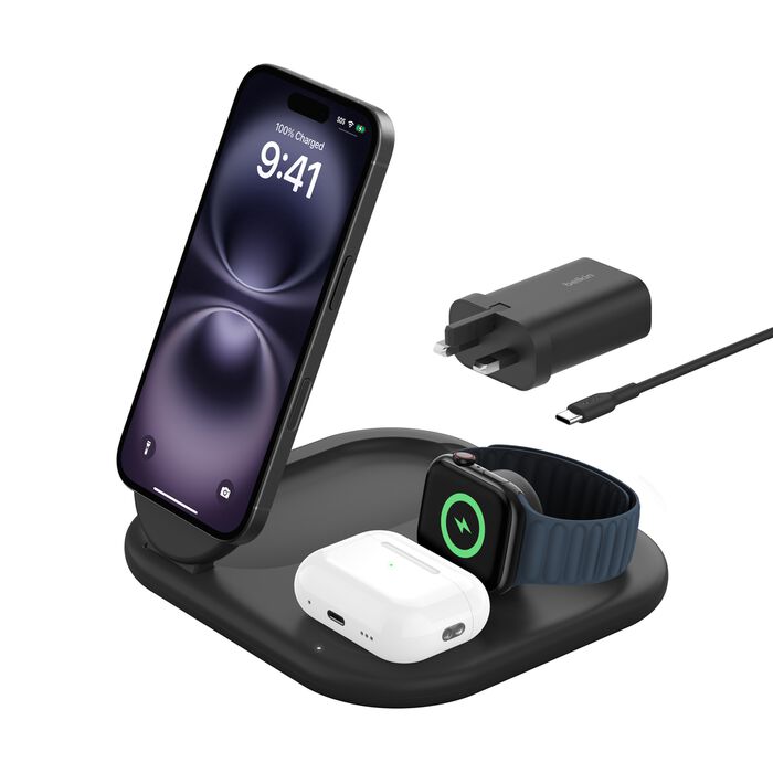 شاحن Belkin BoostCharge 3 في 1 المغناطيسي القابل للطي MagSafe مع Qi2 15W - شحن سريع متوافق مع iPhone 16 و15 و14 أسود
