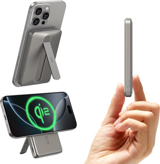 ESR Qi2 MagSlim Kickstand - 15W Magnetic Power Bank 5,000 mAh - Compatible with MagSafe Halo Lock Titanium