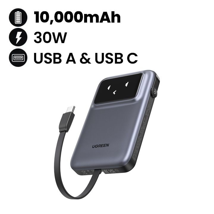 UGREEN 10,000mAh Quick Charging Robot 30W Power Bank with Built-in USB-C Gray