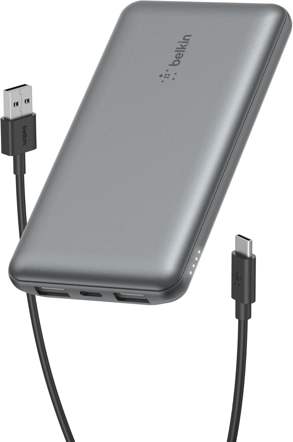 Belkin Portable Charger, USB C Power Bank 10000 mAh w/ 2xUSB-A Ports, 15W w/Type-C to Type-A Cable for iPhone 16, 15, Samsung Galaxy S25, Pixel, iPad, Nintendo Switch 2 & More - Gray