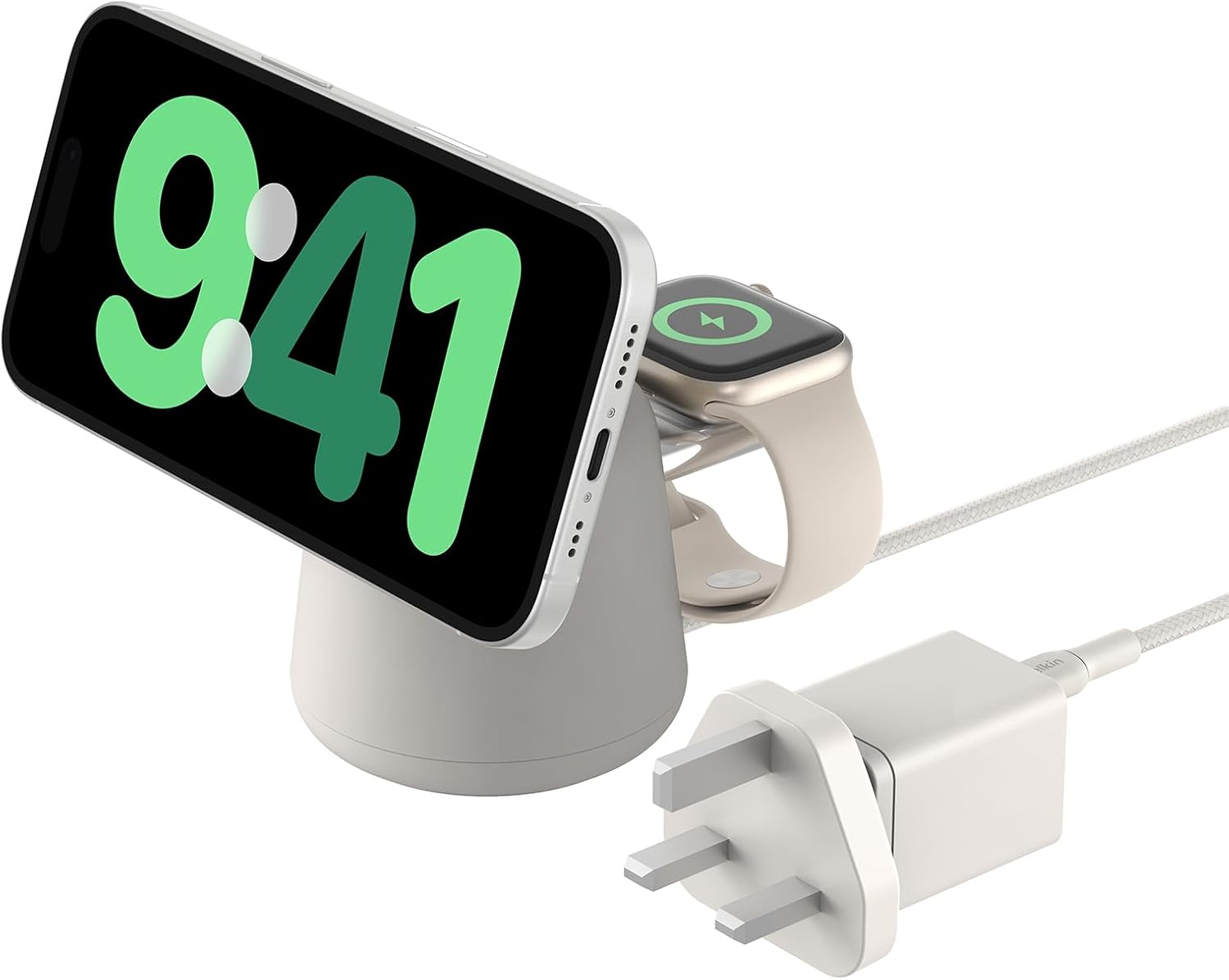 قاعدة شحن لاسلكية Belkin Boost Charge Pro 2 في 1 مع MagSafe 15W لجهاز IPHONE 15/ 14/ أبيض