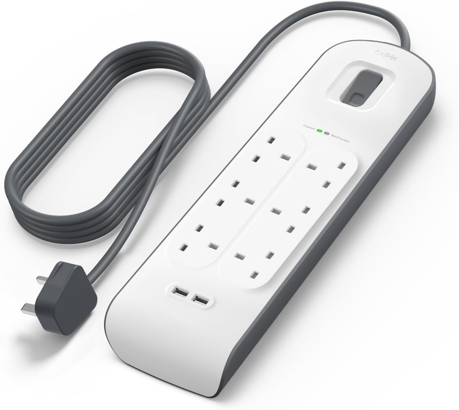شريط حماية من زيادة التيار الكهربائي من Belkin بستة اتجاهات بطول مترين مع منفذي شحن USB بقوة 2.4 أمبير، باللون الأبيض