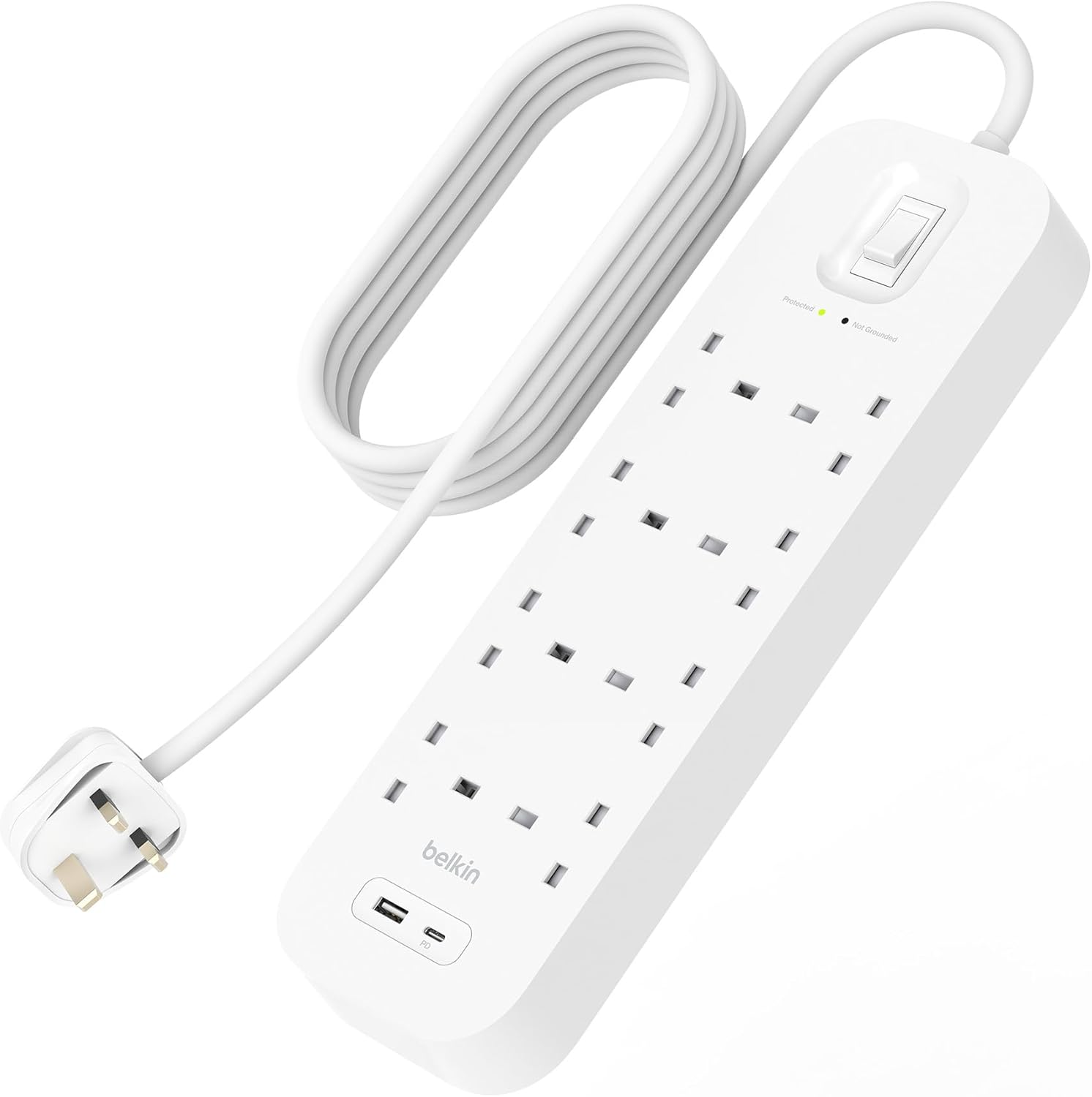 شريط طاقة Belkin Surge Protector 8 منافذ مع 1 USB-C و 1 USB-A بطول 2 متر