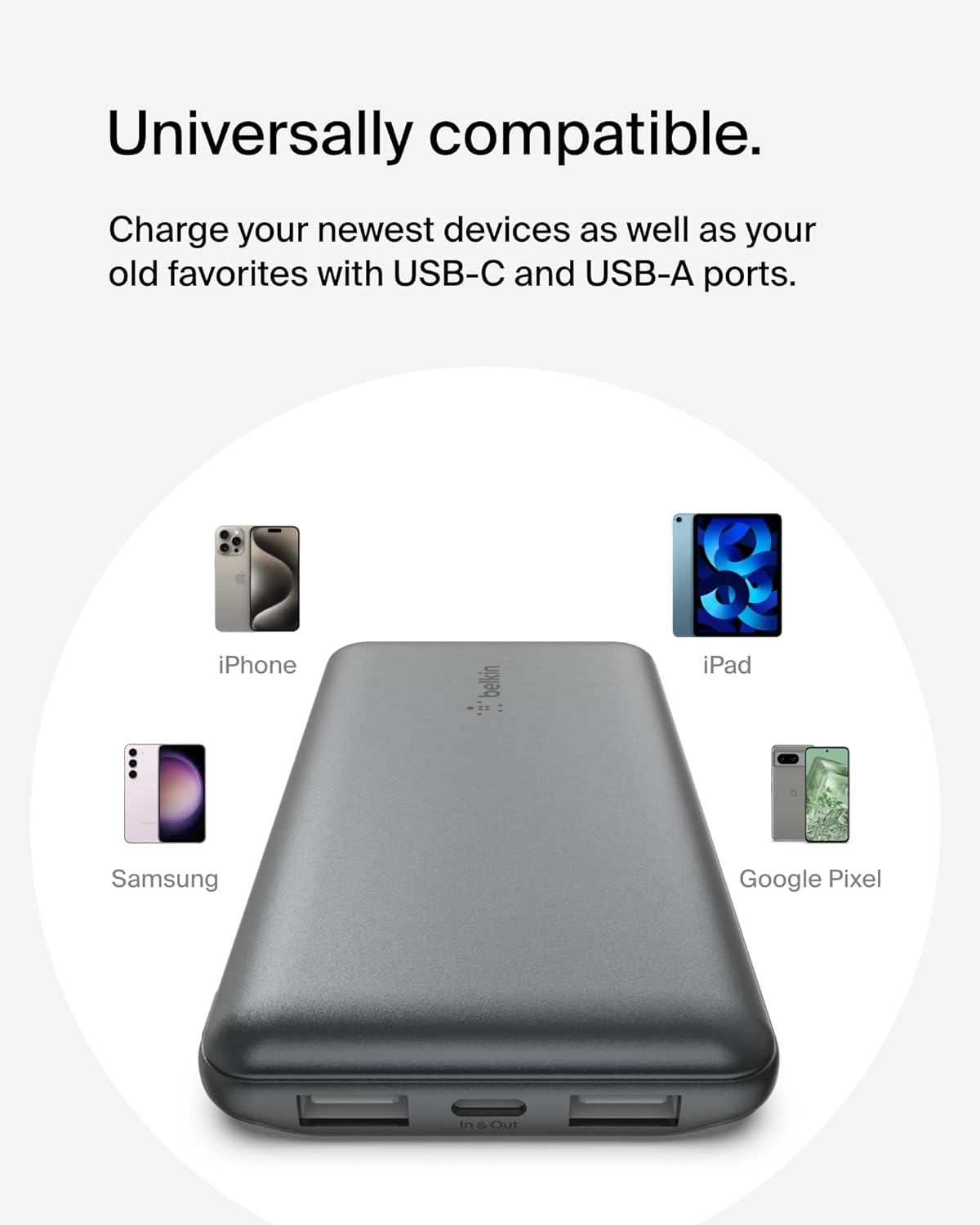 Belkin Portable Charger, USB C Power Bank 10000 mAh w/ 2xUSB-A Ports, 15W w/Type-C to Type-A Cable for iPhone 16, 15, Samsung Galaxy S25, Pixel, iPad, Nintendo Switch 2 & More - Gray