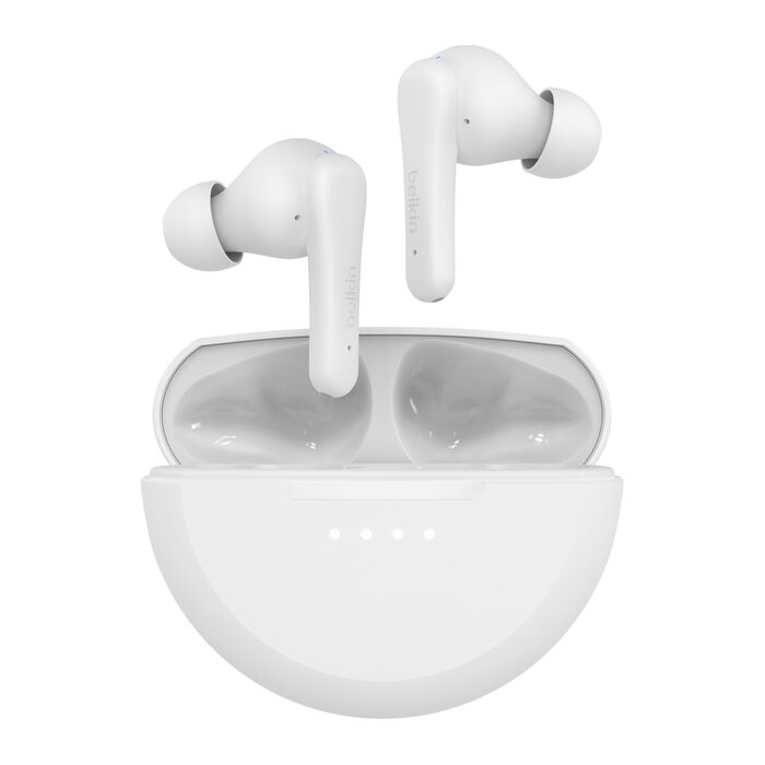 سماعات أذن لاسلكية Belkin SoundForm Rhythm True مع ميكروفون مدمج، وشحن سريع USB-C، وبطارية تدوم حتى 28 ساعة، باللون الأبيض