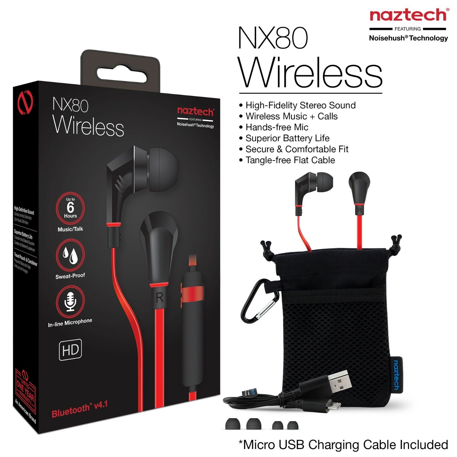 سماعات أذن لاسلكية جديدة NoiseHush Naztech NX80 باللونين الأسود والأحمر
