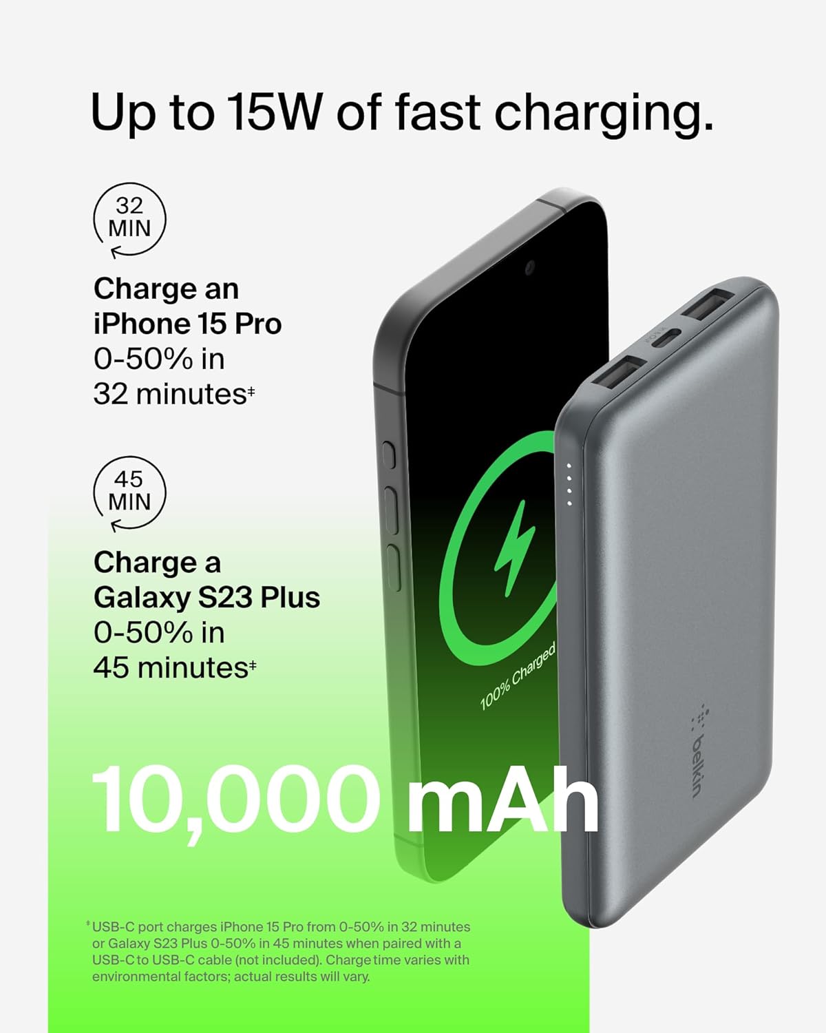 Belkin Portable Charger, USB C Power Bank 10000 mAh w/ 2xUSB-A Ports, 15W w/Type-C to Type-A Cable for iPhone 16, 15, Samsung Galaxy S25, Pixel, iPad, Nintendo Switch 2 & More - Gray