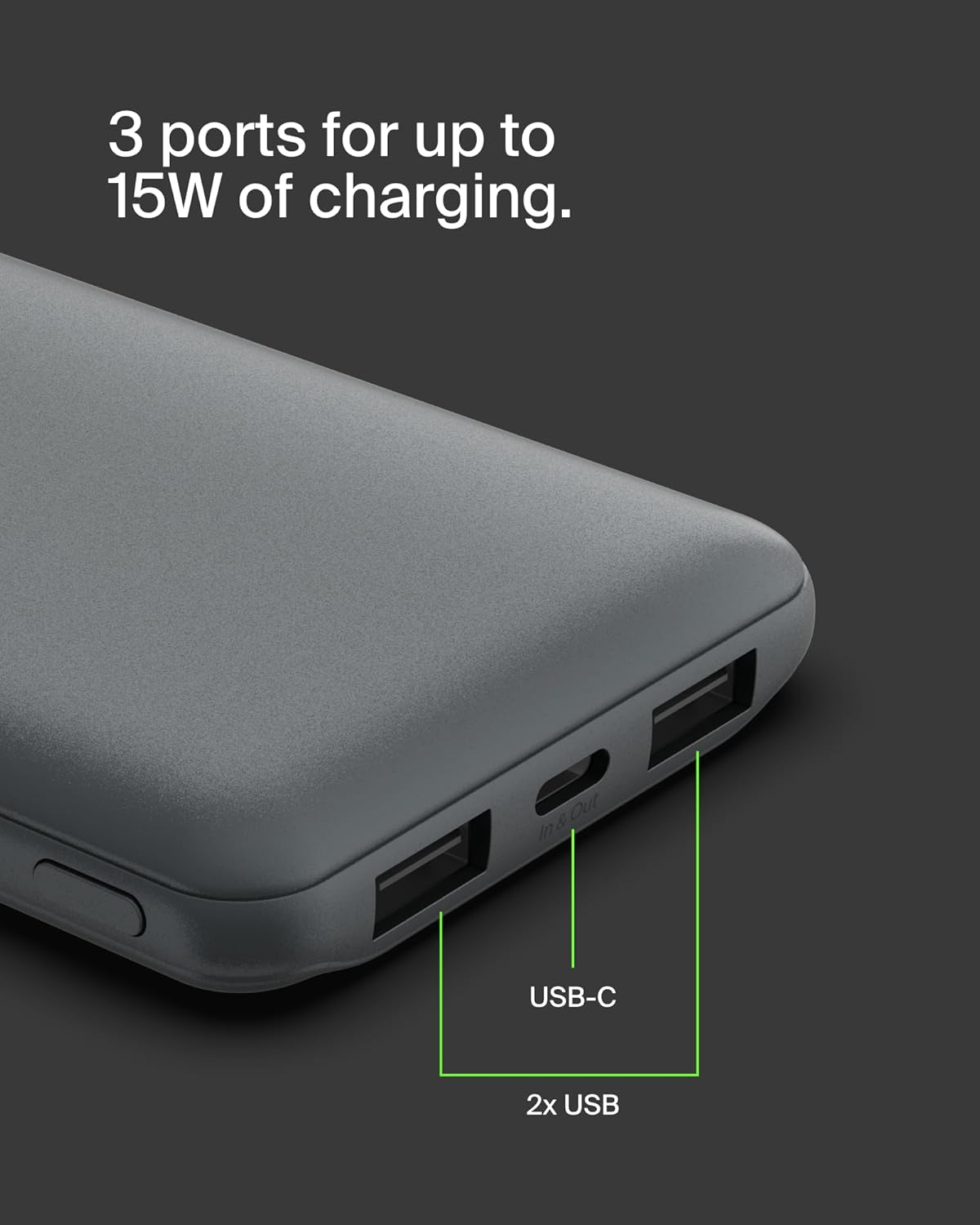 Belkin Portable Charger, USB C Power Bank 10000 mAh w/ 2xUSB-A Ports, 15W w/Type-C to Type-A Cable for iPhone 16, 15, Samsung Galaxy S25, Pixel, iPad, Nintendo Switch 2 & More - Gray