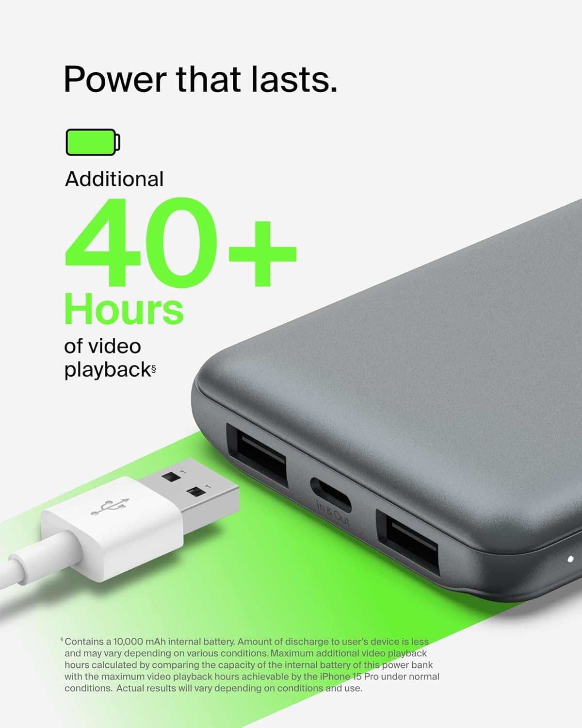 Belkin Portable Charger, USB C Power Bank 10000 mAh w/ 2xUSB-A Ports, 15W w/Type-C to Type-A Cable for iPhone 16, 15, Samsung Galaxy S25, Pixel, iPad, Nintendo Switch 2 & More - Gray