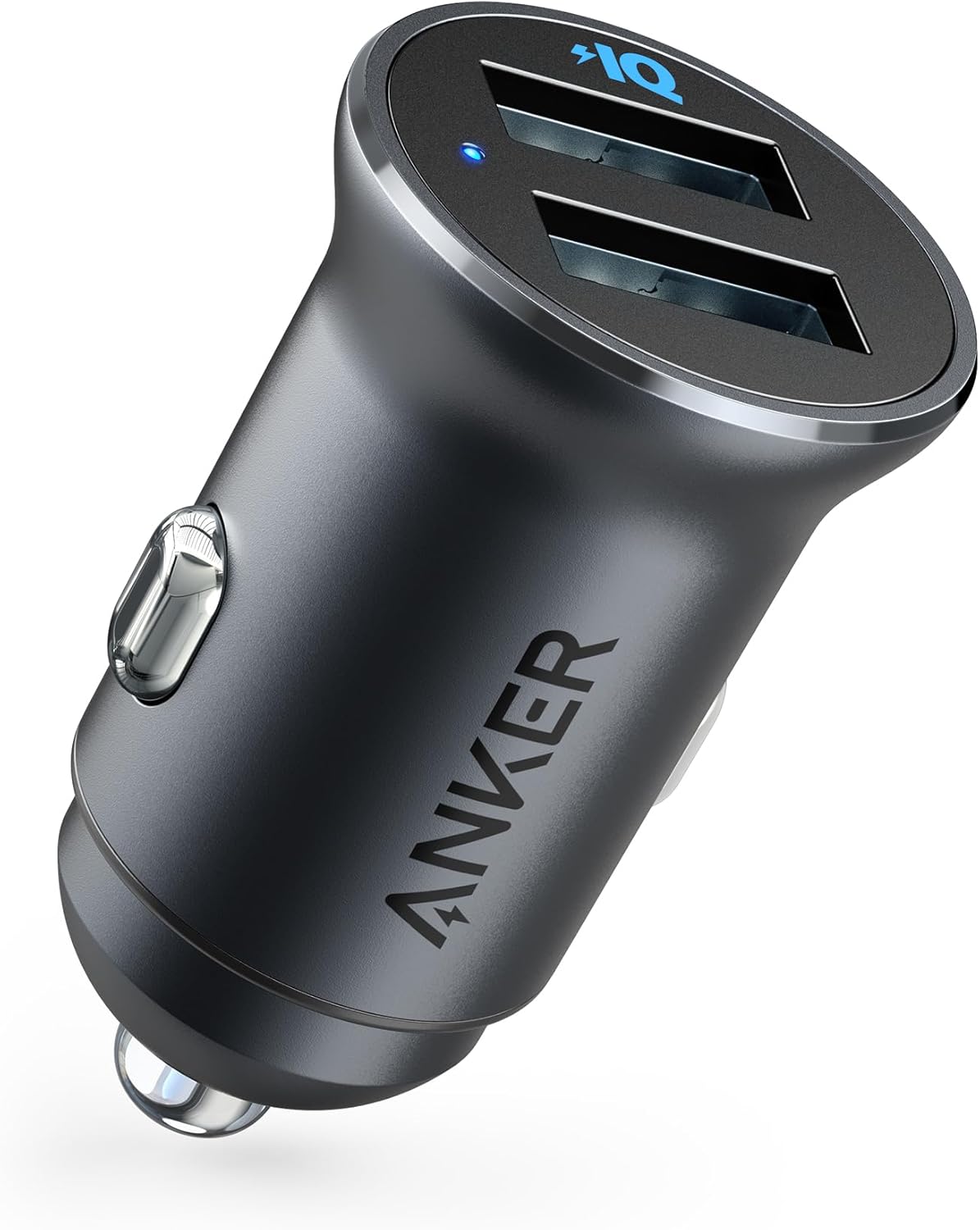 شاحن سيارة Anker 320 (24 واط II)، منفذ USB مزدوج صغير من سبائك الألومنيوم مع مصباح LED أزرق لسلسلة iPhone 16 15 14 13 12، iPad Pro/Air 2/Mini، Galaxy والمزيد - غير متوافق مع الشحن السريع (أسود)