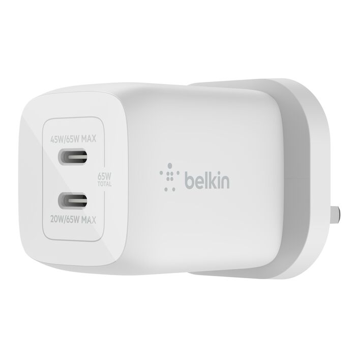شاحن حائط Belkin Boost Charge Pro Dual USB-C® Gan مع PPS 65W أبيض