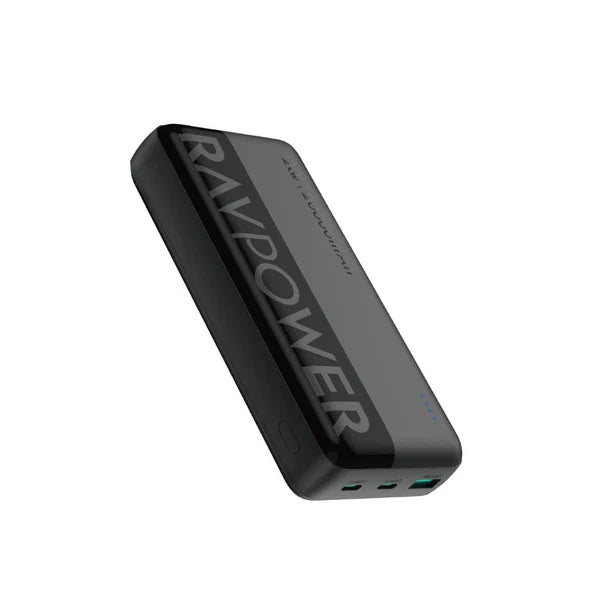 بنك طاقة RAVPower PB1229 سعة 20,000 مللي أمبير/ساعة - منفذ USB-C مزدوج، USB-A، شحن سريع PD 20 وات، أسود