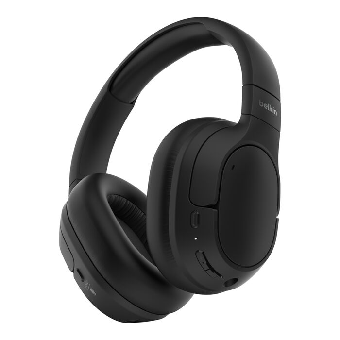 سماعات رأس بلوتوث عازلة للصوت من Belkin SoundForm - سماعات رأس هجينة بخاصية إلغاء الضوضاء النشطة - لاسلكية مع حماية 60H، لون أسود