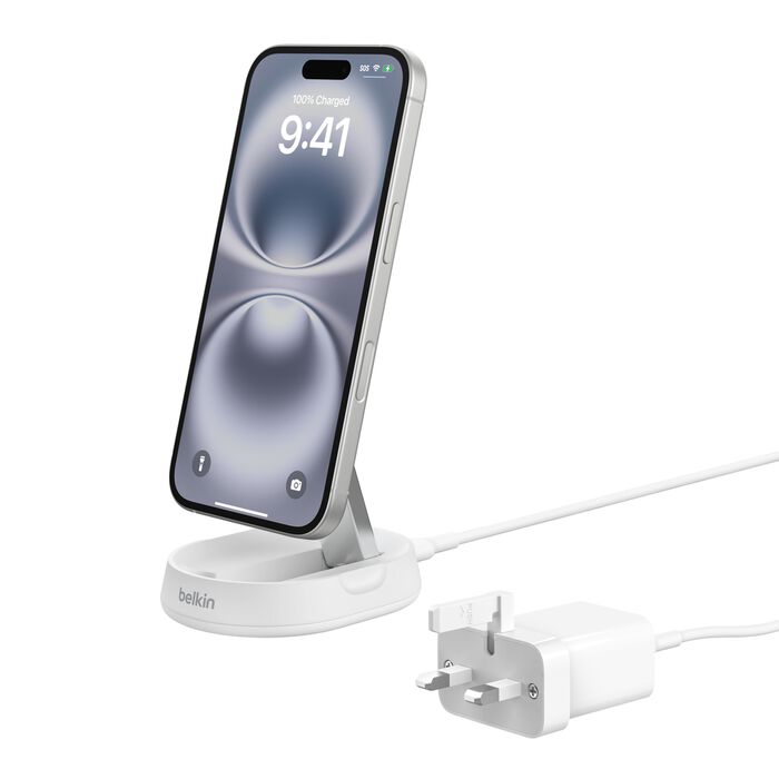 حامل شحن لاسلكي مغناطيسي قابل للتحويل Belkin Boost Charge Pro بقوة 15 وات، متوافق مع MagSafe، شاحن لاسلكي سريع Qi2 باللون الأبيض