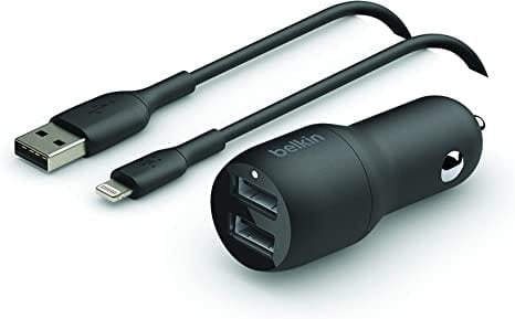 Belkin Dual USB Car Charger 24W + Lightning Cable (Boost Charge Dual Port Car Charger, 2-Port USB Car Charger)