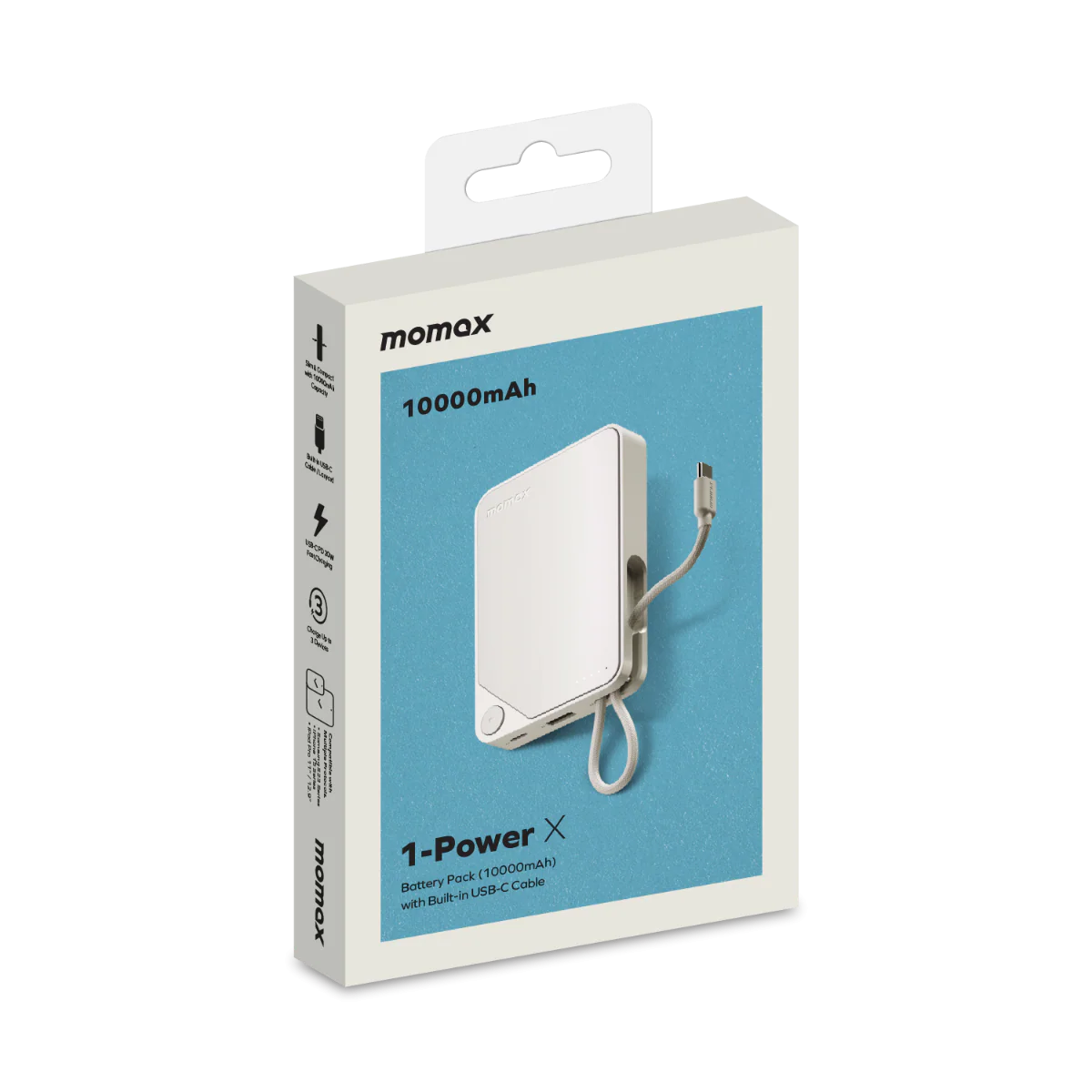 Momax 1-Power X Battery Pack (10000mAh) with Built-in USB-C Cable (White)