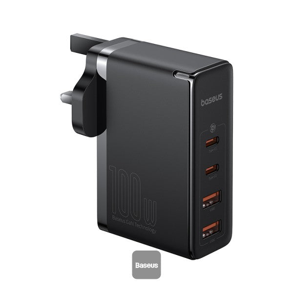 Baseus GaN5 Pro 100W 4 Port Fast Charger | 2 Type-C + 2 USB-A, UK Plug with 100W  1M - Black