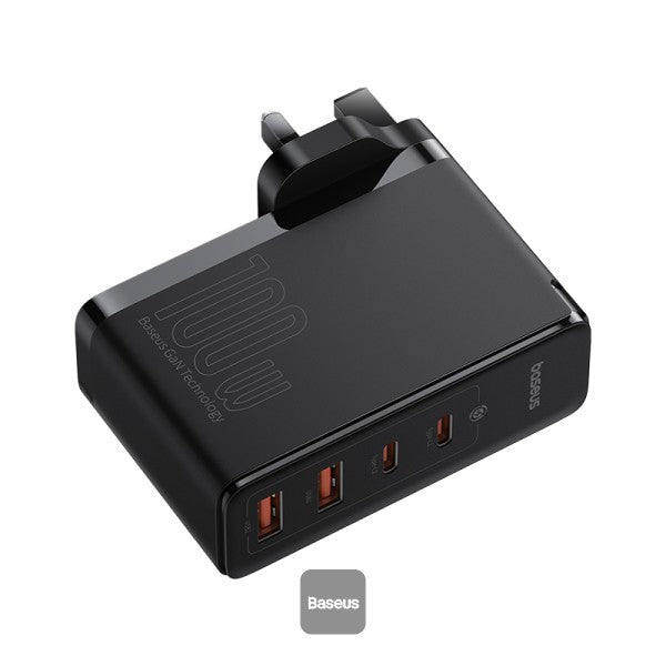 Baseus GaN5 Pro 100W 4 Port Fast Charger | 2 Type-C + 2 USB-A, UK Plug with 100W  1M - Black