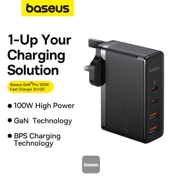 Baseus GaN5 Pro 100W 4 Port Fast Charger | 2 Type-C + 2 USB-A, UK Plug with 100W  1M - Black