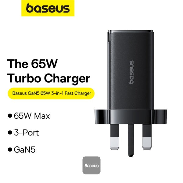 Baseus GaN5 Pro 65W 3 Port Fast Charger | 2 Type-C + USB-A, - Black