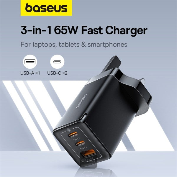 Baseus GaN5 Pro 65W 3 Port Fast Charger | 2 Type-C + USB-A, - Black