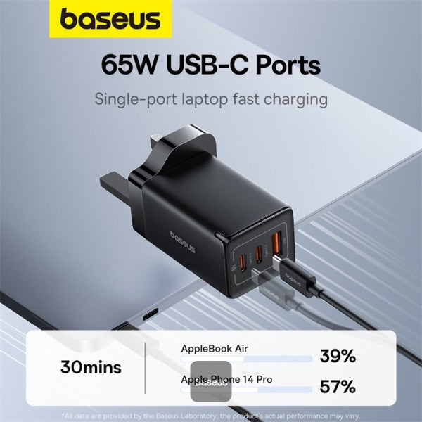 Baseus GaN5 Pro 65W 3 Port Fast Charger | 2 Type-C + USB-A, - Black