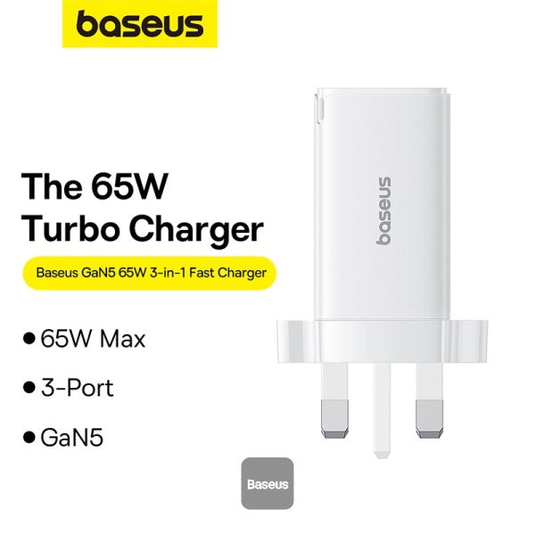 Baseus GaN5 Pro 65W 3 Port Fast Charger | 2 Type-C + USB-A - White
