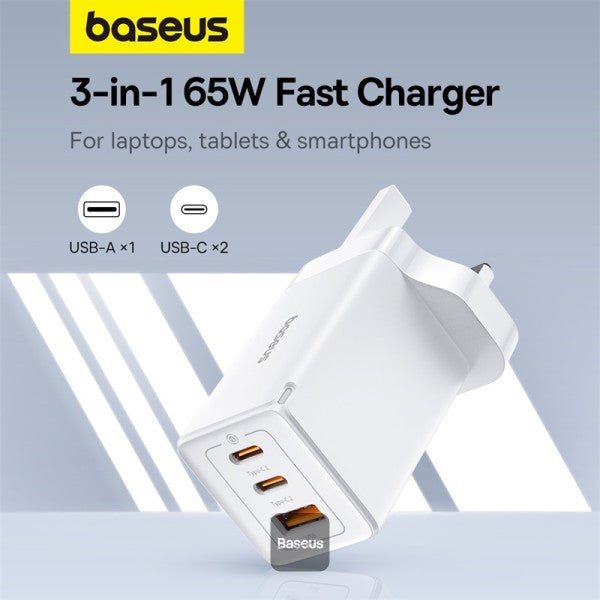 Baseus GaN5 Pro 65W 3 Port Fast Charger | 2 Type-C + USB-A - White