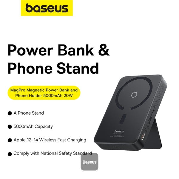 Baseus MagPro 5000mAh Wireless Fast Charging Power Bank PD 20W With Magnetic Stand - Black