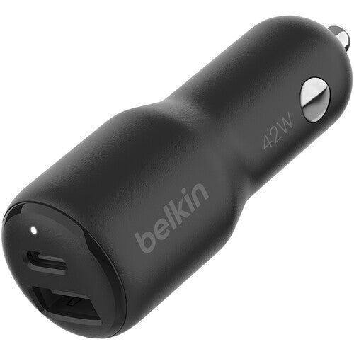 شاحن سيارة Belkin Boost Charge بقوة 42 واط بمنفذين USB-C وUSB-A باللون الأسود 