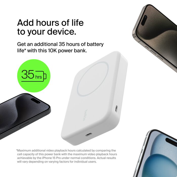 شاحن متنقل مغناطيسي Belkin Boost Charge Pro بسعة 10,000 مللي أمبير/ساعة، مع حامل، لأجهزة iPhone 15/14/13/12، باللون الأبيض 