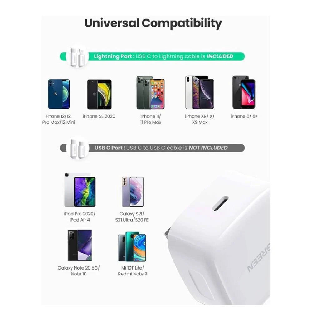 UGREEN 20W PD Fast Charger With 1m USB-C To Lightning Cable White