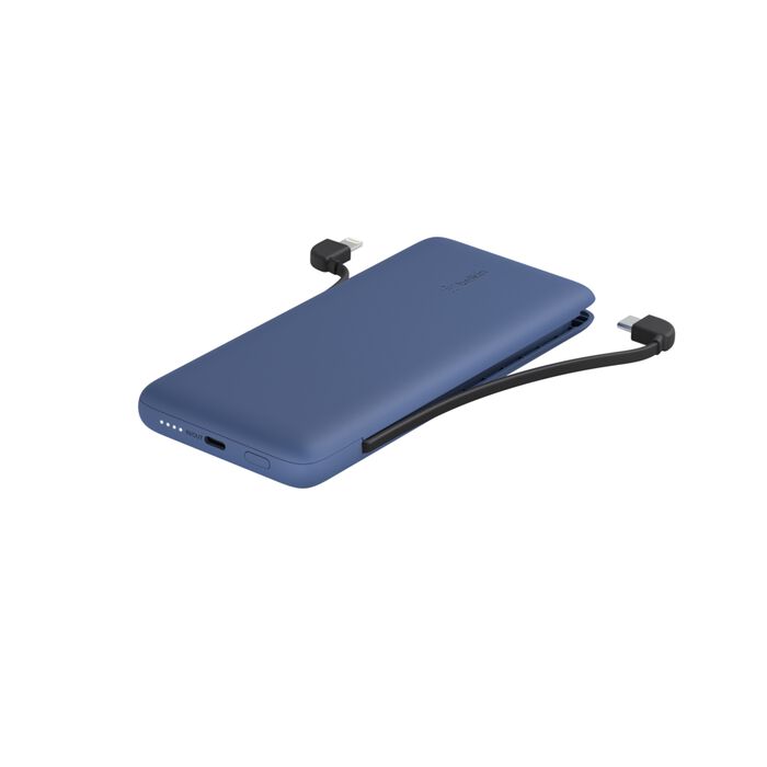 شاحن محمول/باور بانك Belkin Boost Charge Plus 10K بسعة 10,000 مللي أمبير/ساعة مع كابلات Lightning وUSB-C مدمجة، أزرق 