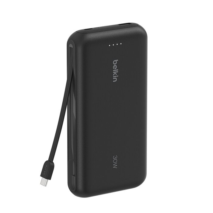 بنك الطاقة Belkin Boost Charge 20000mAh PD 30W مع كابل USB-C مدمج ومنافذ USB-C وUSB-A باللون الأسود 