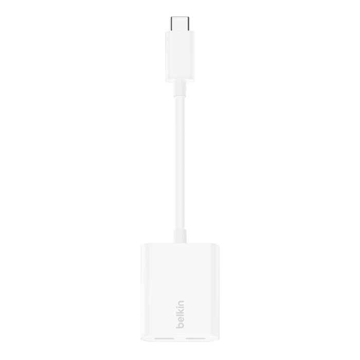 محول شحن وصوت Belkin Rockstar USB-C، محول سماعة رأس مع USB-C 60 واط، أبيض 