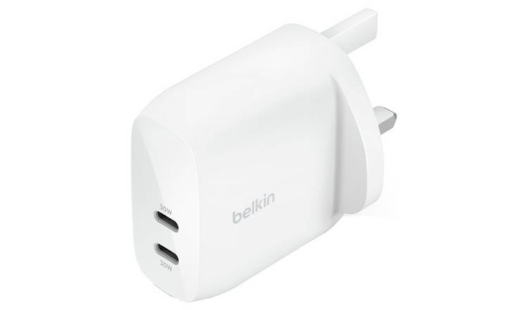 شاحن حائطي مزدوج المنفذ USB-C بقوة 60 وات من Belkin - أبيض