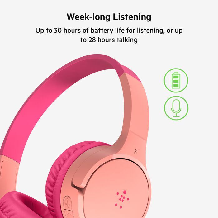 سماعات رأس لاسلكية صغيرة من Belkin Sound form On Ear للأطفال مزودة بميكروفون مدمج - وردي 