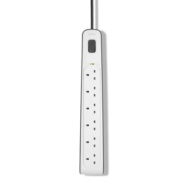 شريط حماية من زيادة التيار الكهربائي من Belkin بستة منافذ مع سلك طاقة بطول 2 متر، باللون الأبيض