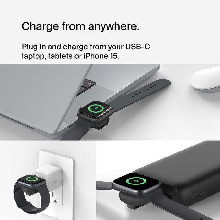 شاحن Belkin المحمول USB-C لساعة Apple Watch، معتمد من MFi، شاحن USB-C باللون الأسود 