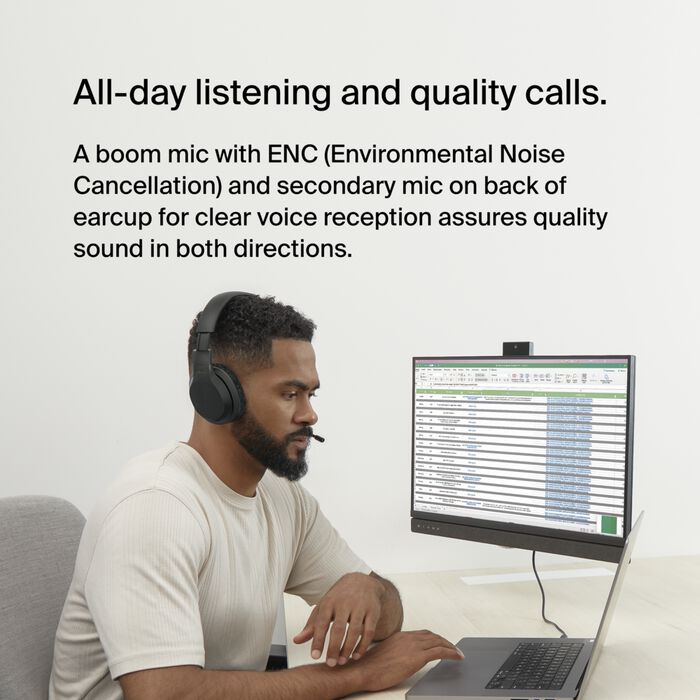 سماعة الرأس اللاسلكية Belkin SoundForm Adapt فوق الأذن، سماعات رأس للعمل واللعب والألعاب والسفر مع ميكروفون مدمج، بطارية تدوم 45 ساعة، لون أسود 