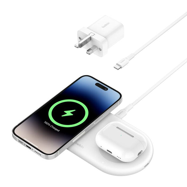 لوحة شحن لاسلكية Belkin Boost Charge Pro 2 في 1 مع Qi2 مغناطيسي 15 واط باللون الأبيض