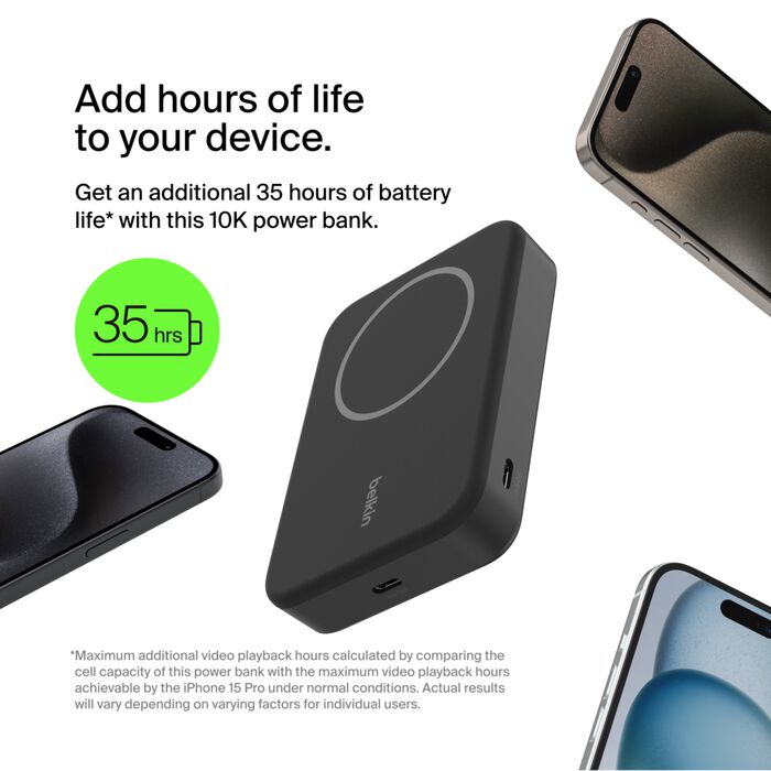 شاحن متنقل مغناطيسي Belkin Boost Charge Pro بسعة 10,000 مللي أمبير/ساعة، مناسب لأجهزة iPhone 15/14/13/12، أسود 