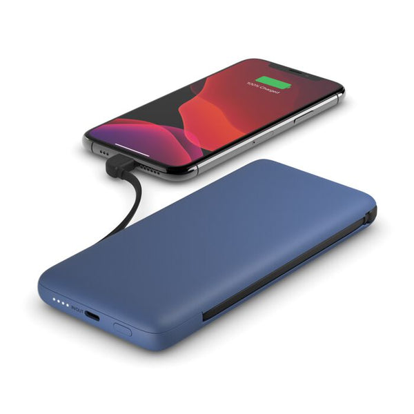 شاحن محمول/باور بانك Belkin Boost Charge Plus 10K بسعة 10,000 مللي أمبير/ساعة مع كابلات Lightning وUSB-C مدمجة، أزرق 