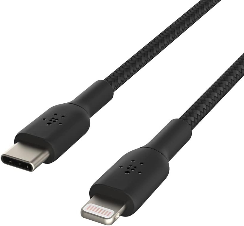 كابل شحن USB-C إلى Lightning مضفر من النايلون من Belkin Boost Charge بطول 6.6 قدم/2 متر، أسود 