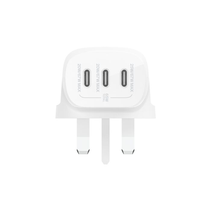 شاحن حائط Belkin Boost Charge بثلاثة منافذ USB-C مع PPS 67 واط أبيض 
