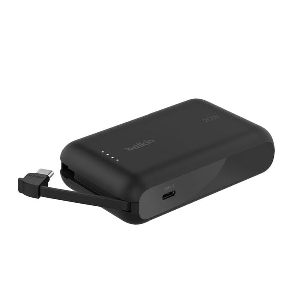 شاحن سريع محمول من Belkin مع كابل مدمج 10K PD 20W أسود 