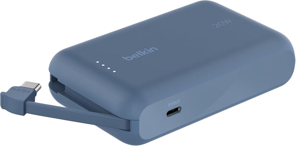 بنك طاقة Belkin BoostCharge 10000 مللي أمبير في الساعة، بنك طاقة محمول مع كابل مدمج PD 20 وات، شحن سريع وتوصيل طاقة USB-C، بنك طاقة سريع الشحن لسلسلة iPhone 16 وiPad Pro وGalaxy S24 والمزيد
