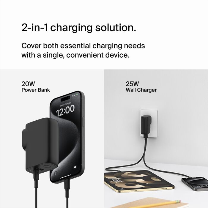 شاحن Belkin Boost Charge Hybrid USB وبنك طاقة 5000 مللي أمبير في الساعة مع مجموعة محول السفر باللون الأسود 